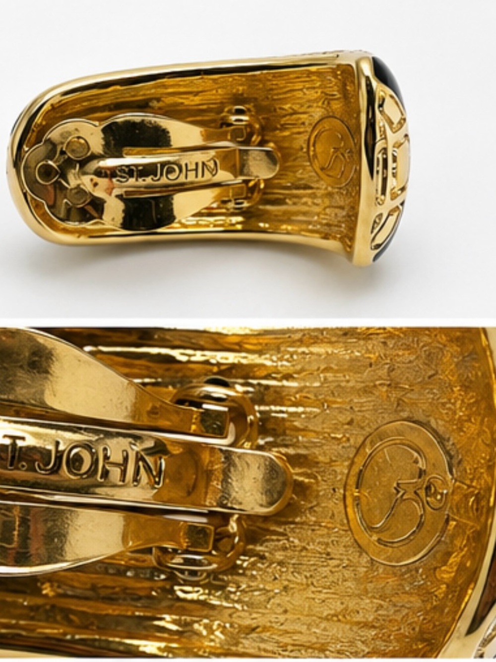 Vintage St. John Black Enamel Crystal Clip-On Earrings Gold Tone Designer - Picture 3 of 3